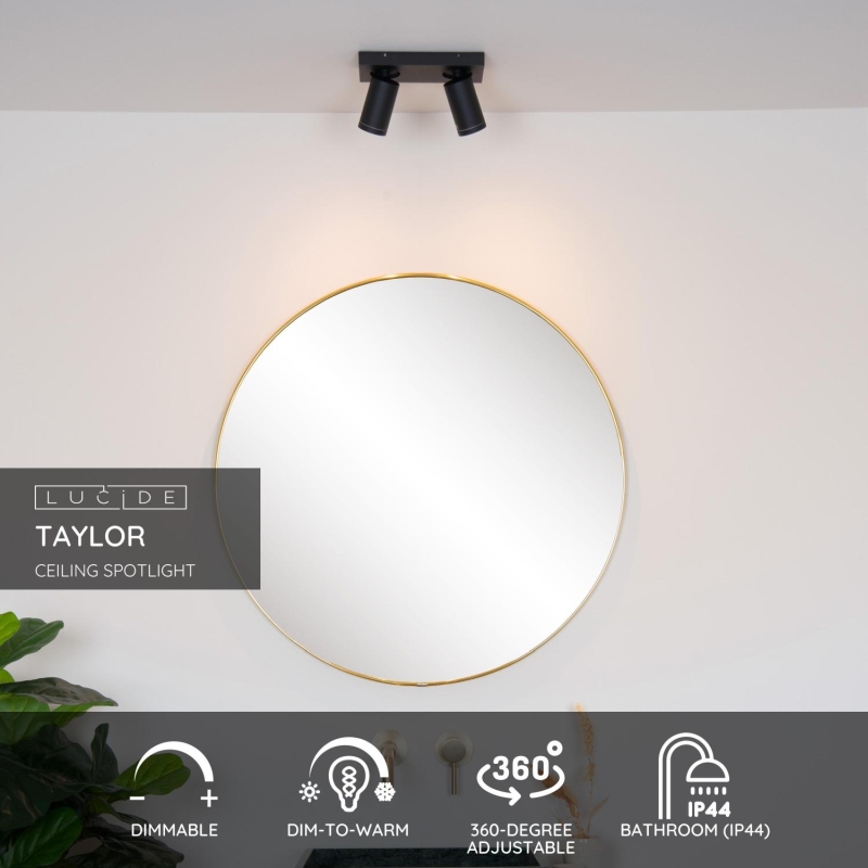 Lucide TAYLOR - Stropné bodové svietidlo Kúpeľňa - LED Dim to warm - GU10 - 2x5W 2200K/3000K - IP44 - Black